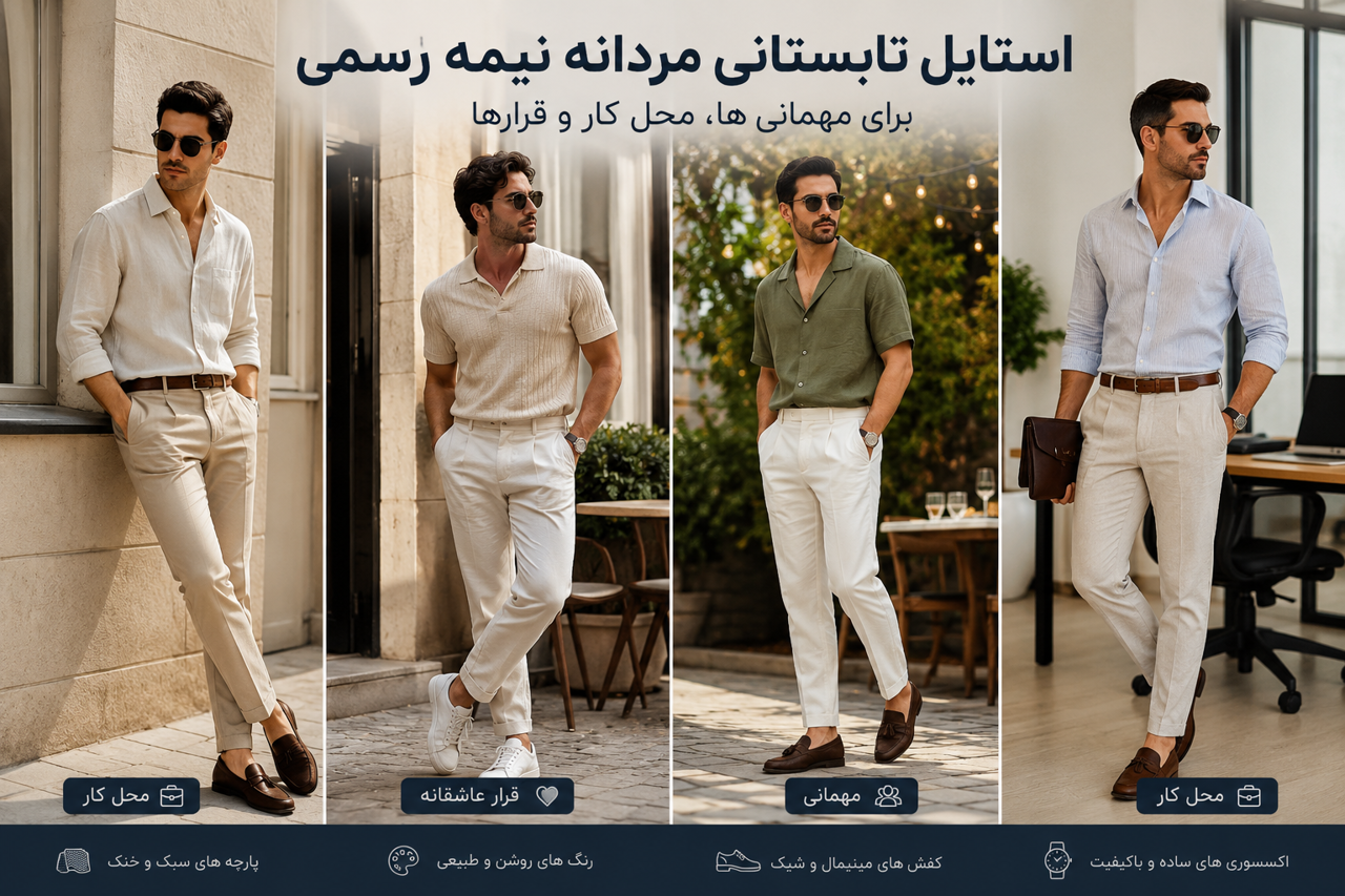 استایل تابستانی مردانه نیمه رسمی؛ راهنمای کامل برای محل کار و مهمانی در ۱۴۰۵ / ۲۰۲۶